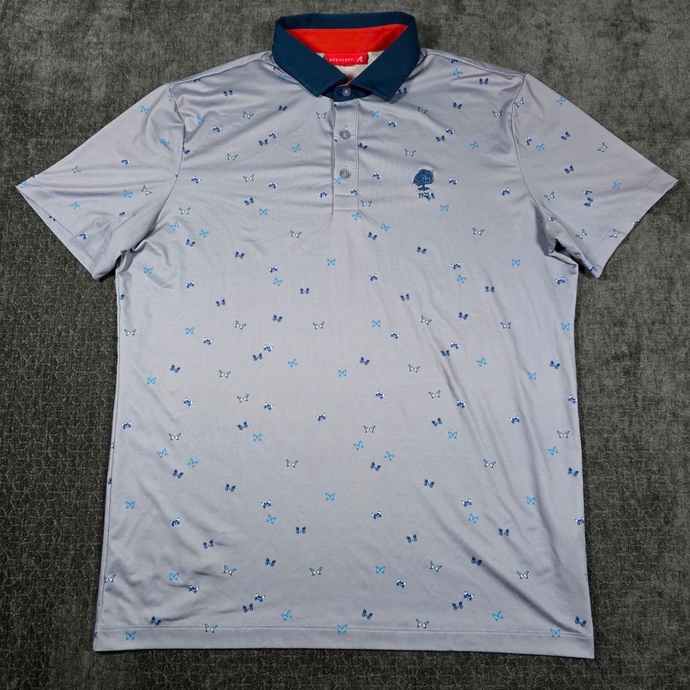 Redvanly Mens Golf Polo Shirt Gray Blue Butterfly Print Short Sleeve Size M